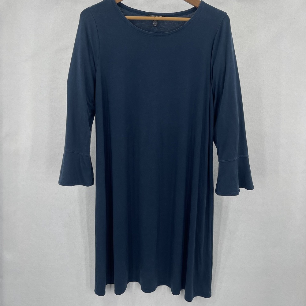 Eileen Fisher Tencel Jersey Dress L Blue Stretch 3/4 Bell Cuff Sleeve Round Neck